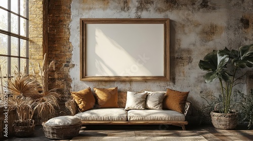 mockup frame in a cozy farmhouse living room interior, showcasing a blank canvas ready for artistic expression. the warm, inviting decor adds a touch of homey comfort, perfect for creative inspiration photo