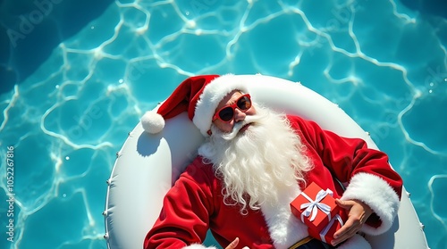 Santa's Summer Surprise!  Relaxing poolside with a gift, in shades.  Unexpected Christmas cheer!