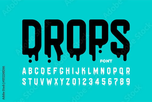 Drops. Font design, alphabet letters and numbers vector illustration