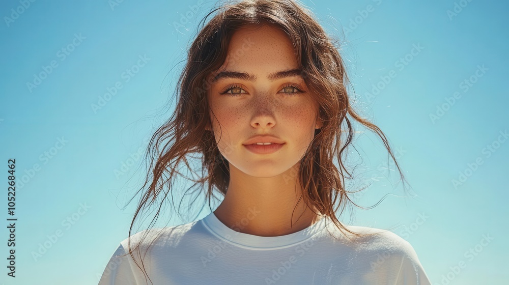 mockup of a female model wearing a white t-shirt, featuring a simple and clean design against a minimalistic background, emphasizing contemporary fashion and styling mockup of a female model wearing a white t-shirt, featuring a simple and clean design against a minimalistic background, emphasizing contemporary fashion and styling