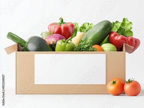 3D render of a blank label on a kraft vegetable packaging box, filled with assorted veggies, perfect for local farm branding, vegetable packaging, organic design photo