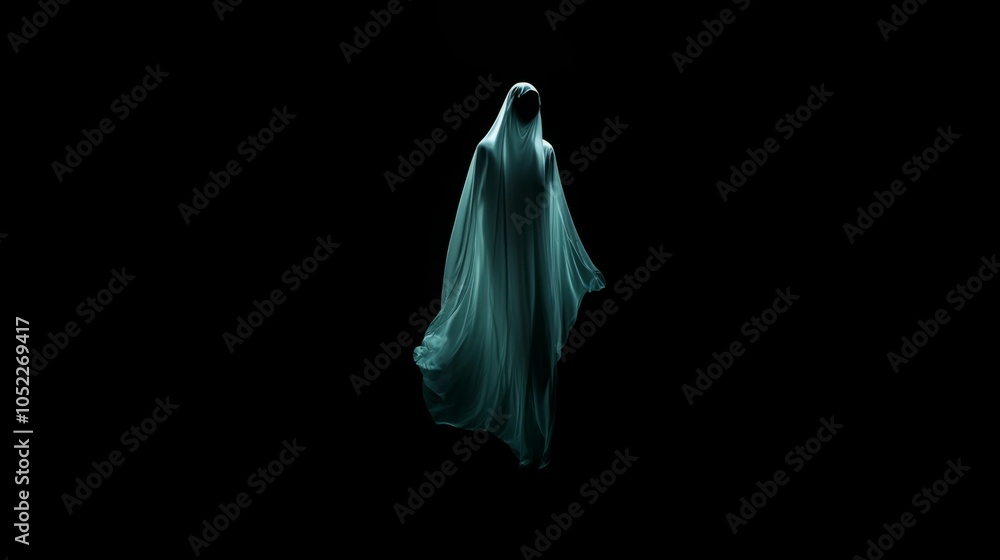A mysterious figure draped in translucent fabric stands against a dark background. Halloween day background A mysterious figure draped in translucent fabric stands against a dark background. Halloween day background
