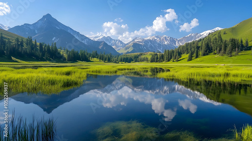 Crystal-clear lake mirroring snow-capped mountains under a vibrant autumn sky
