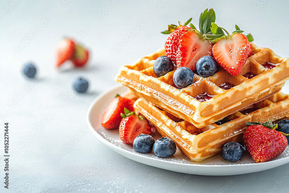 Delicious golden Viennese or Belgian waffles topped with fresh berries and strawberries on plate. Cozy lazy morning homemade recipe baking breakfast. Sweet dessert Delicious golden Viennese or Belgian waffles topped with fresh berries and strawberries on plate. Cozy lazy morning homemade recipe baking breakfast. Sweet dessert