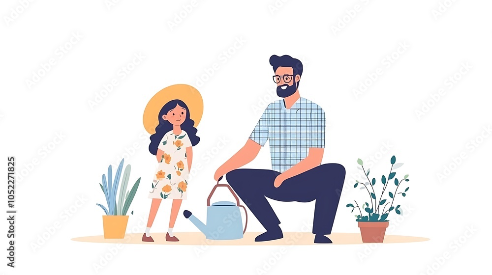 Enchanting Family Illustration of Dad and Daughter Gardening Enchanting Family Illustration of Dad and Daughter Gardening