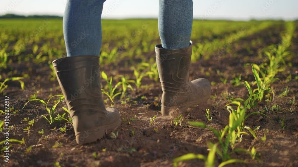 Agriculture. A field of sprouts and corn with feet of space. Dirt foot rural agriculture concept. Farmer in boots goes to harvest corn. Farmer goes to field of sprouts and corn in lifestyle boots. Agriculture. A field of sprouts and corn with feet of space. Dirt foot rural agriculture concept. Farmer in boots goes to harvest corn. Farmer goes to field of sprouts and corn in lifestyle boots.