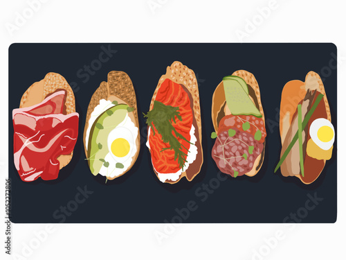 A set of bruschettas with different fillings