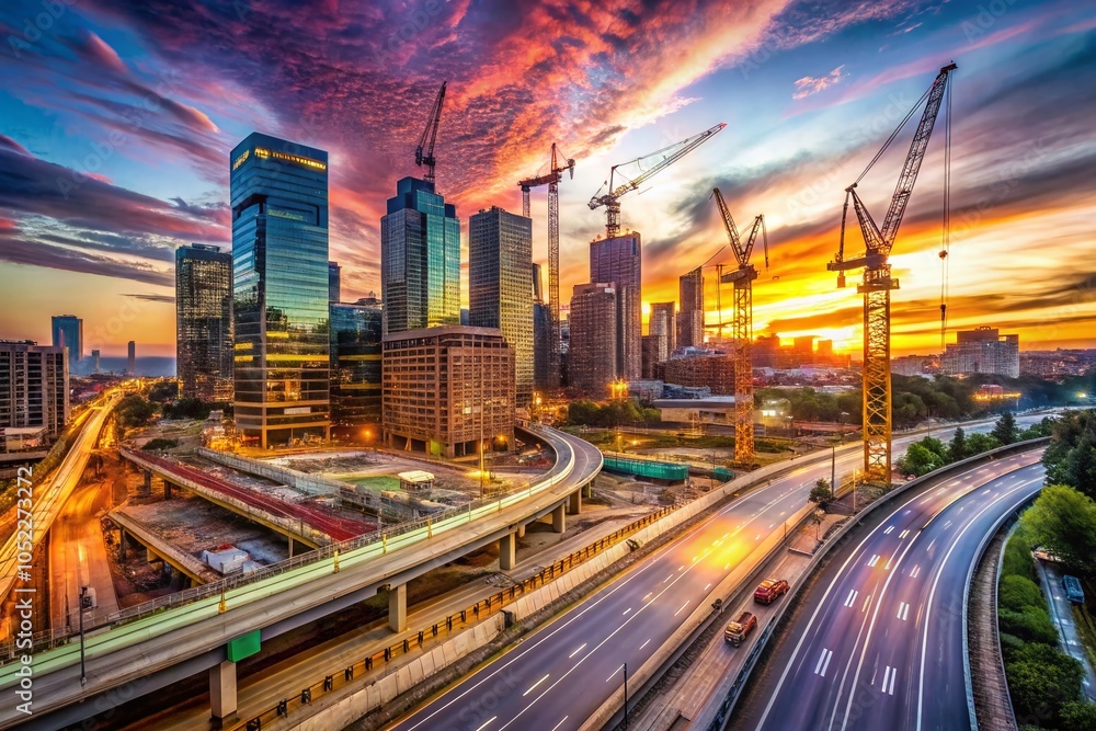 Obraz premium 4K Cityscape Timelapse of Construction Site with Cranes and Busy Highway