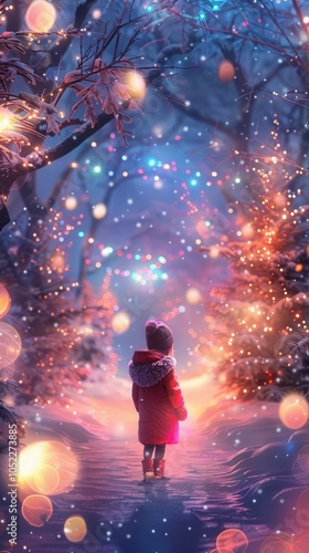 New Year celebration in a magical winter wonderland with colorful lights and snow