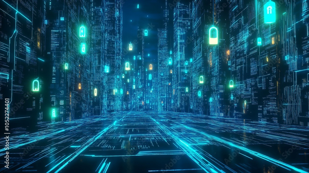 Naklejka premium Blue colored holographic data stream in a digital city of data.