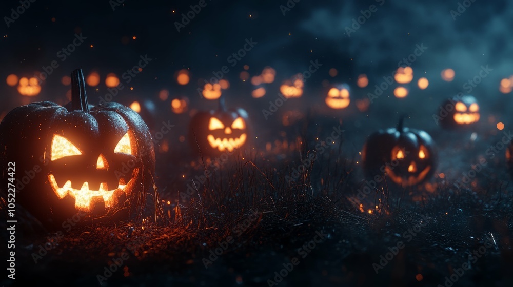 Illuminated carved pumpkins in a foggy field, creating a spooky Halloween atmosphere. Illuminated carved pumpkins in a foggy field, creating a spooky Halloween atmosphere.
