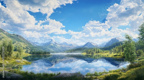 Collage of natural landscapes with blue skies, mountains, forests and lakes. generative ai