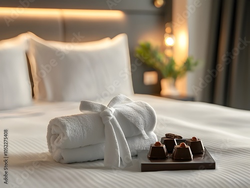 Welcoming Hotel Turndown Service with Elegant Linens Robes and Chocolates photo