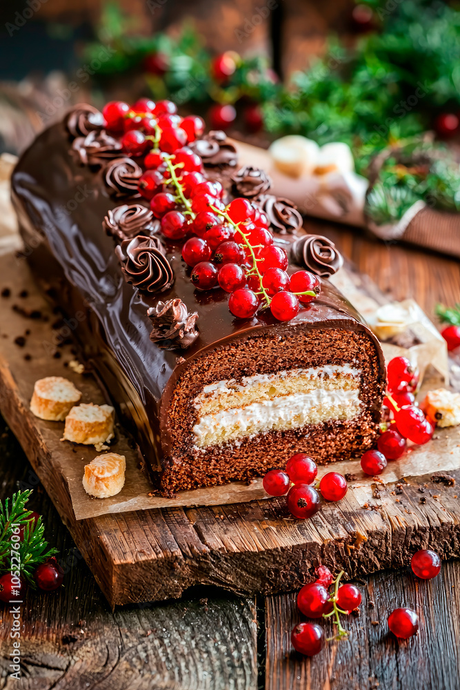 Chocolate yule log christmas cake with red currant on wooden background Chocolate yule log christmas cake with red currant on wooden background