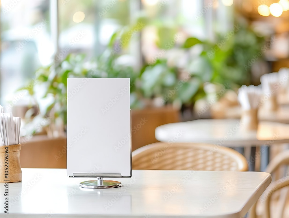 Blank cafe table menu with a clean design in a silver stand, set on a high-top table with soft lighting, cafe menu mockup, modern cafe Blank cafe table menu with a clean design in a silver stand, set on a high-top table with soft lighting, cafe menu mockup, modern cafe