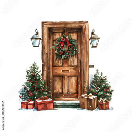 christmas decorated door vector illustration in watercolor style