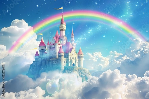 A majestic castle surrounded by clouds and a colorful rainbow under a vibrant sky filled with stars and magic