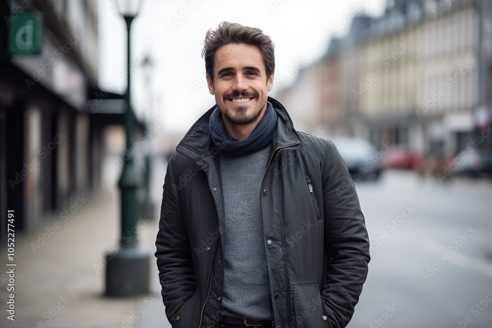 Portrait of a handsome young man smiling in the city. Men's beauty, fashion. Portrait of a handsome young man smiling in the city. Men's beauty, fashion.