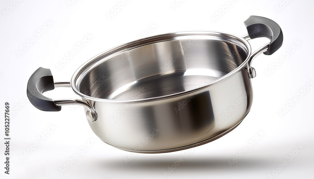 Stainless steel pot floating or flying isolated white background Stainless steel pot floating or flying isolated white background