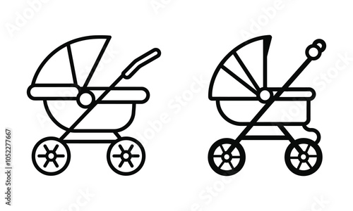 Baby stroller outline thin lines. Cute baby carriage vector icon.