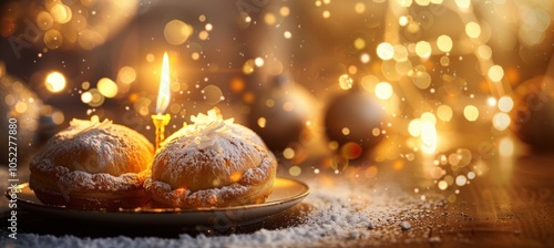 Cozy Hanukkah Celebration: Glowing Menorah and Sufganiyot with Twinkling Lights for Holiday Decor photo