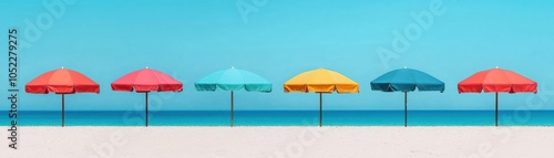 Vibrant beachside cabanas with bright umbrellas, perfect for a holiday of leisure and relaxation holiday travel destination, getaway, resort