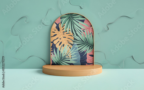 Tropical leaves and wooden platform  green and yellow  minimalistic design  summer product display  evoking relaxation and nature   
