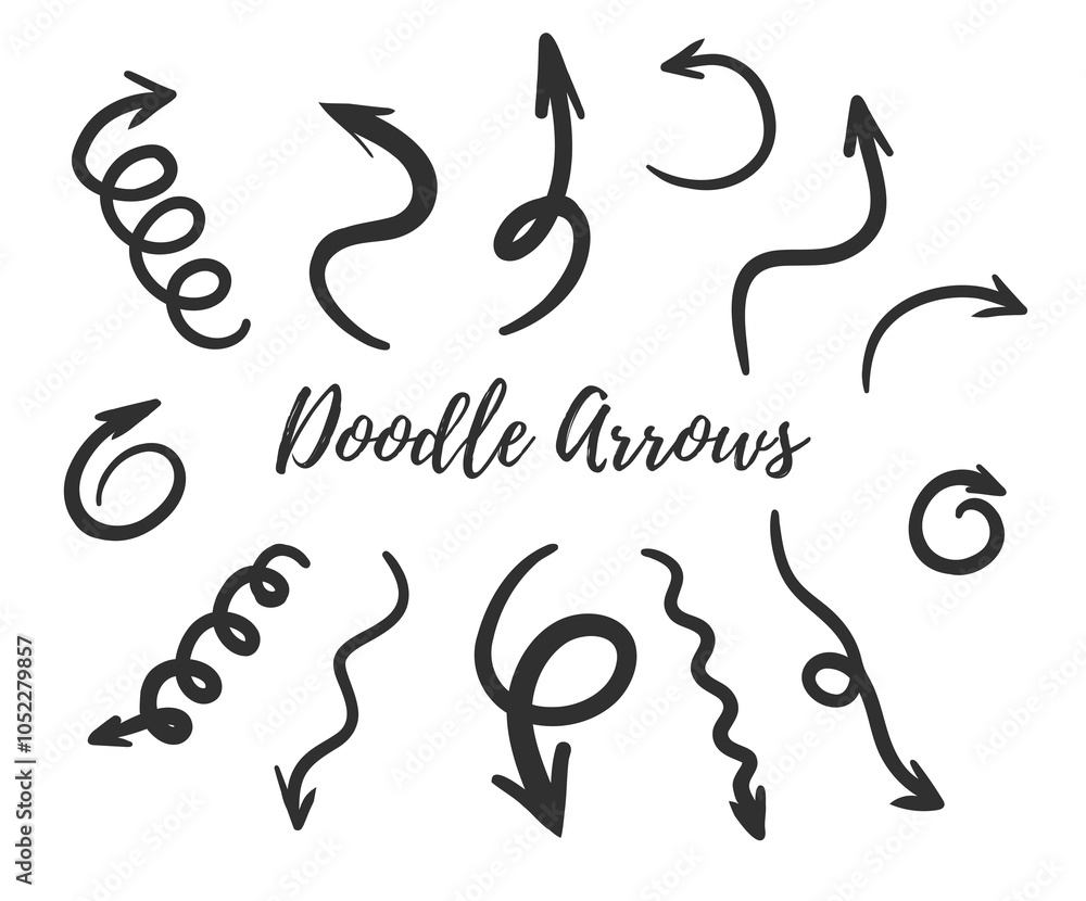 Fototapeta premium Set of simple hand-drawn doodle arrows. Great for any designs, illustrations, packages, invitations. Fully vector recolored