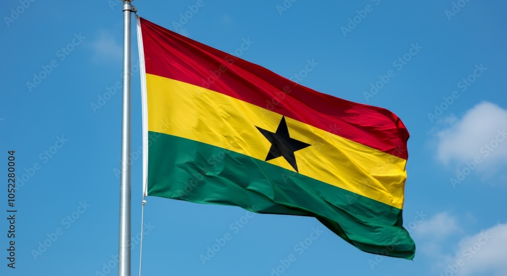 Ghana national flag waving against blue sky with clouds. Ghana national flag waving against blue sky with clouds.