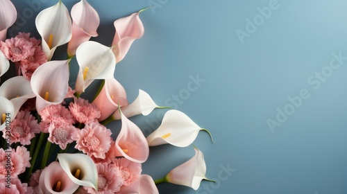 Beautiful bouquet of calla lilies and pink flowers on a soft blue background.