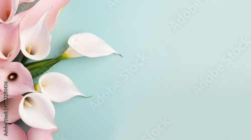 Elegant calla lilies on soft blue background isolated with copy space