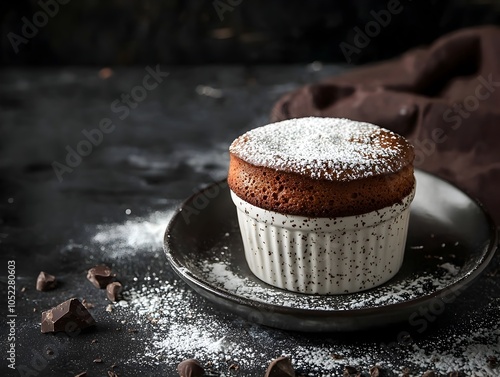 Decadent Chocolate Souffl Rising Perfectly in Ceramic Ramekin with Powdered Sugar and Crme Anglaise photo