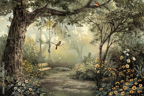 A serene garden path with flowers, a swing, and birds basking in the soft morning light surrounded by lush greenery