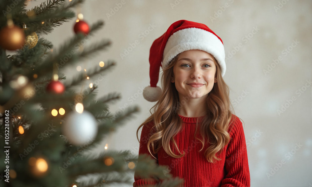 A young girl wearing a red dress and a Santa hat, standing in front of a Christmas tree adorned with lights and other festive decorations. A young girl wearing a red dress and a Santa hat, standing in front of a Christmas tree adorned with lights and other festive decorations.
