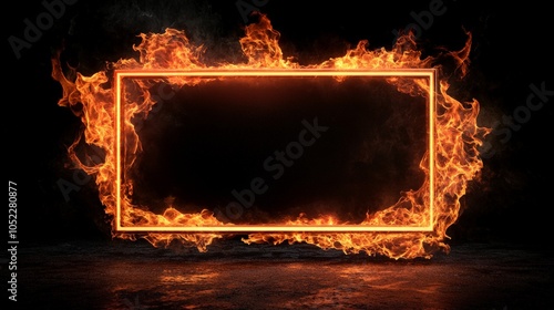Burning rectangular frame, isolated on black, generative ai