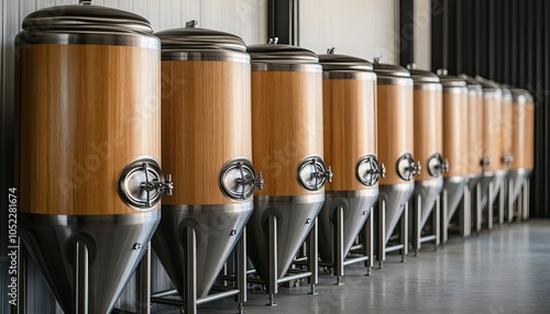 A row of modern fermentation tanks with wooden finishes, designed for brewing, displayed in a spacious industrial setting. photo