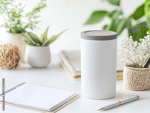 Blank ceramic tumbler with a rubber lid, placed on a desk with a notepad and pen nearby, perfect for office or lifestyle branding, tumbler mockup, workplace style photo