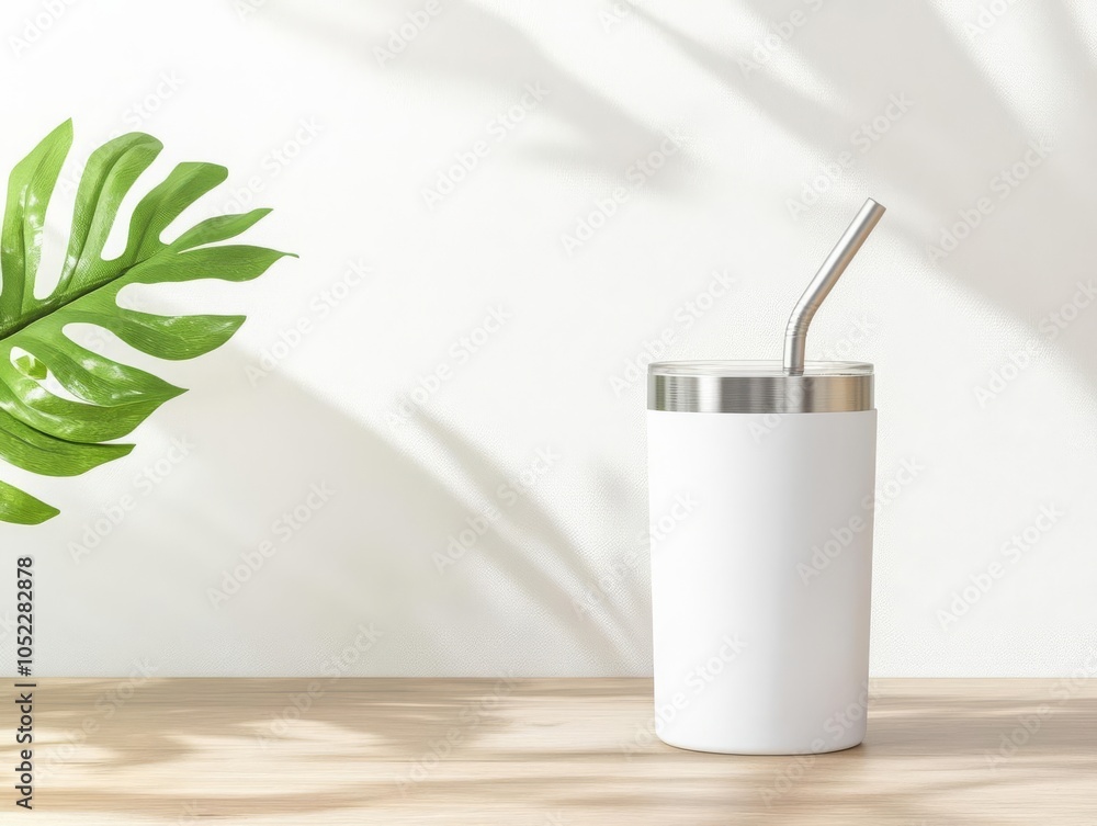 Blank tumbler with a metal straw, placed on a wood table with sunlight streaming through, ready for brand customization, tumbler mockup, eco-friendly Blank tumbler with a metal straw, placed on a wood table with sunlight streaming through, ready for brand customization, tumbler mockup, eco-friendly