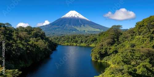 Majestic Volcano Reflected in Tranquil Lake with Lush Rainforest