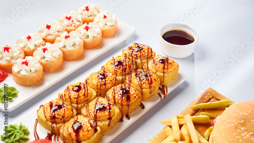 Philadelphia Sushi Rolls Set with Salmon and Cream Cheese. Copy space