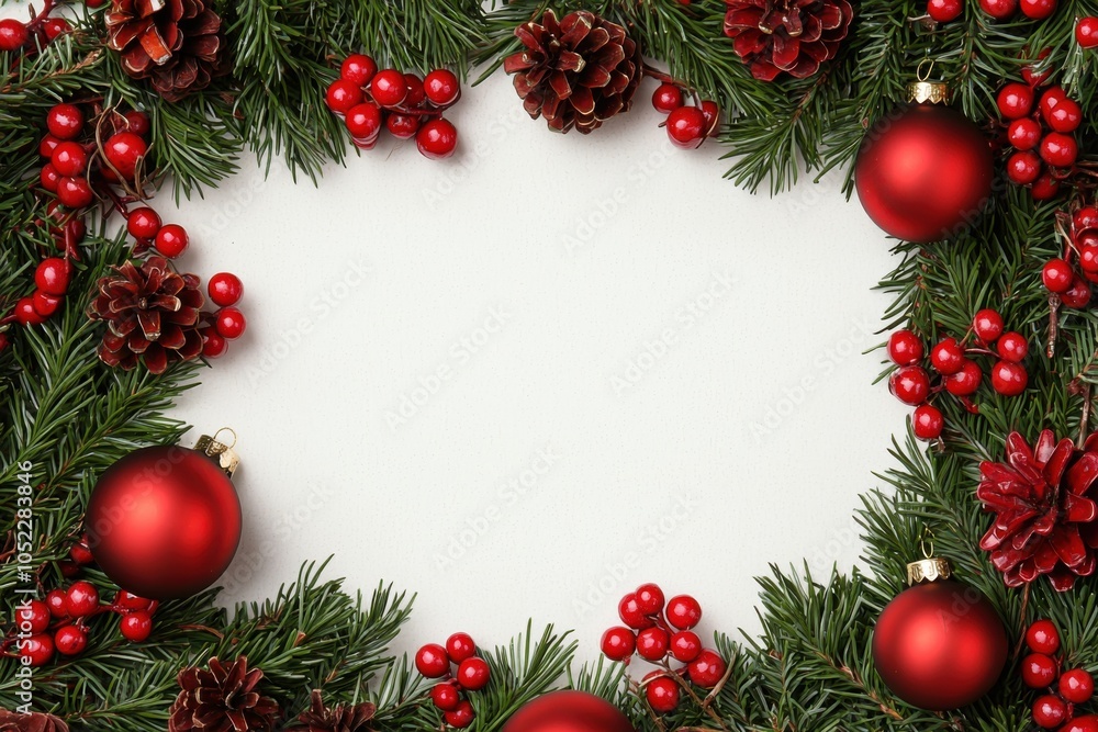 Festive Christmas wreath with red ornaments and pinecones, white isolate background Festive Christmas wreath with red ornaments and pinecones, white isolate background