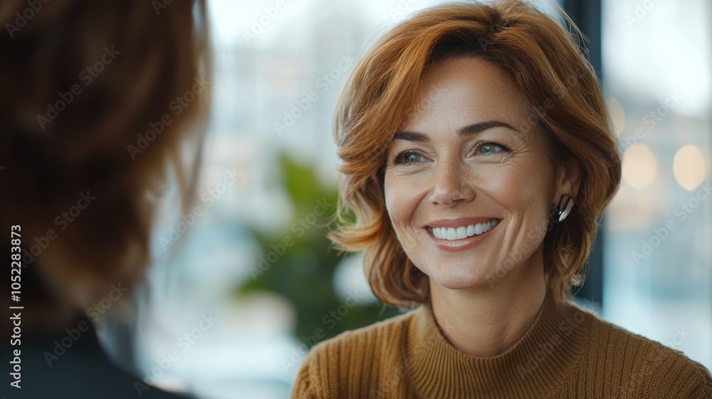 Mature woman with short red hair smiling in bright indoor space. Professional lifestyle portrait. Mature woman with short red hair smiling in bright indoor space. Professional lifestyle portrait.