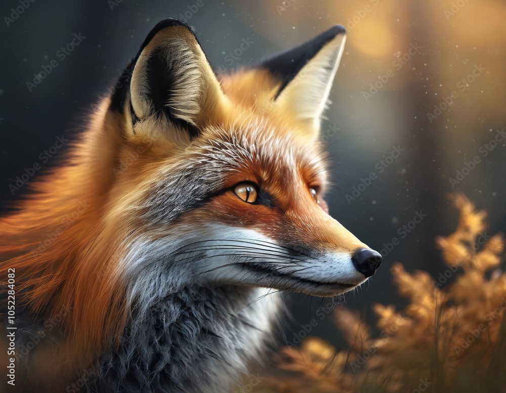 Fototapeta premium Fox portrait in autumn rain staring at something
