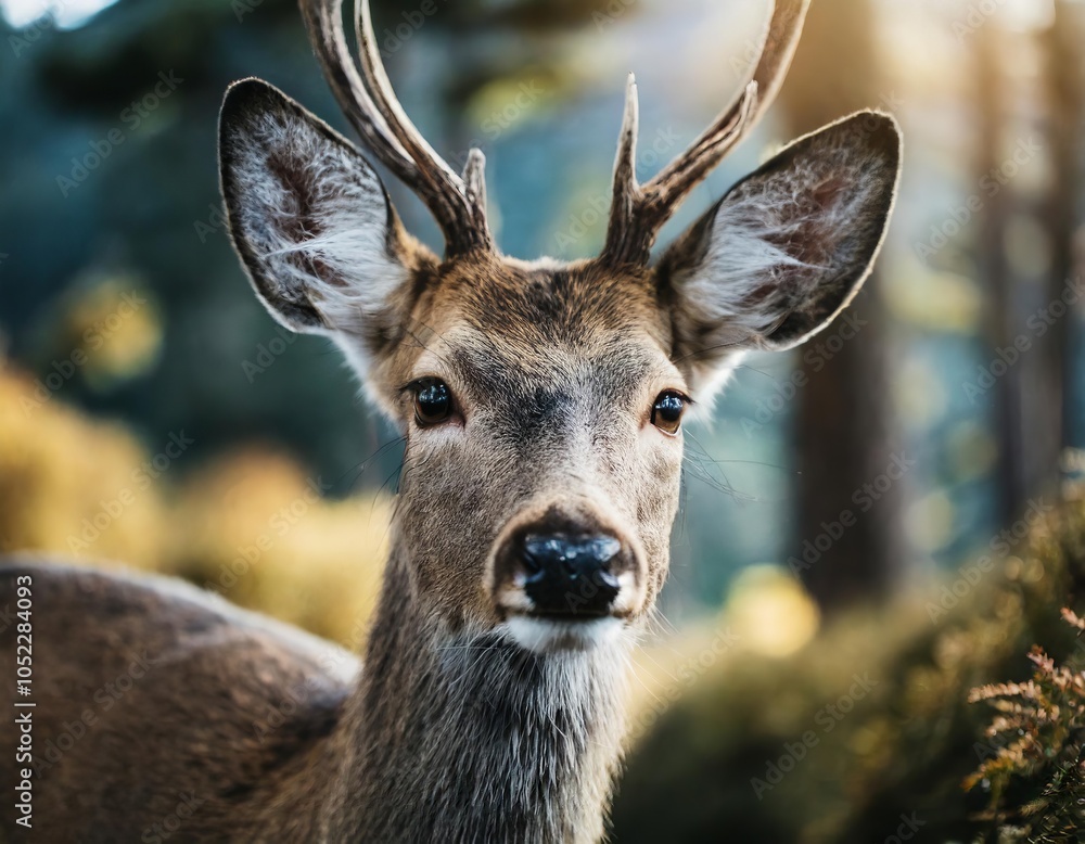 Deer with brown antlers is standing in a forest. European mammal Deer with brown antlers is standing in a forest. European mammal