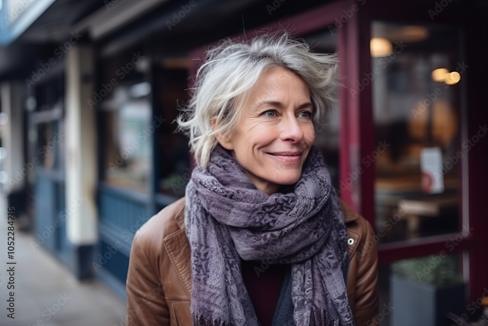 Portrait of a happy senior woman in a city street wearing a scarf Portrait of a happy senior woman in a city street wearing a scarf