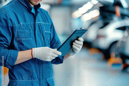 Mechanic inspecting vehicle details with digital clipboard in workshop. photo