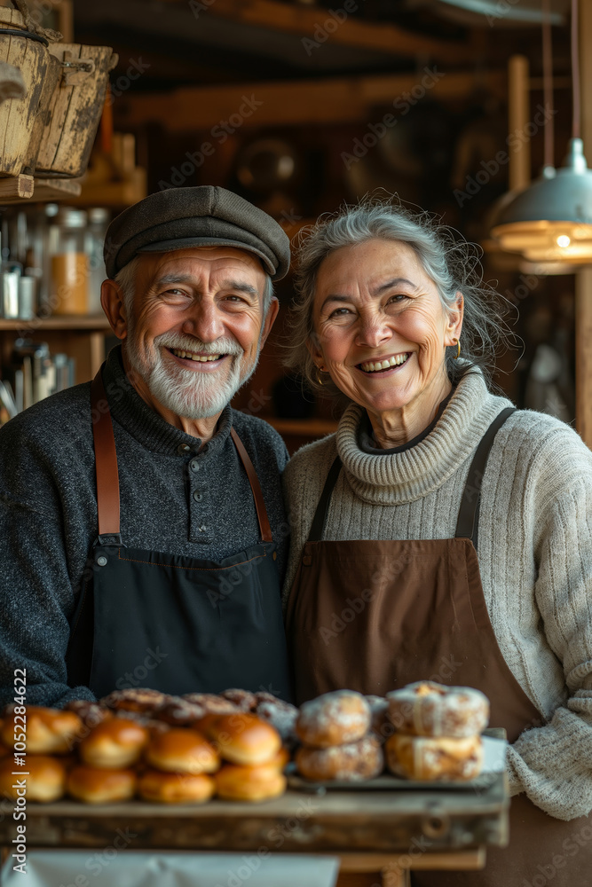 A man and woman standing next to each other in front of a bakery A man and woman standing next to each other in front of a bakery
