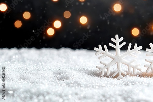 Snowflakes on sparkling snow, enchanting winter scene with soft bokeh background. photo