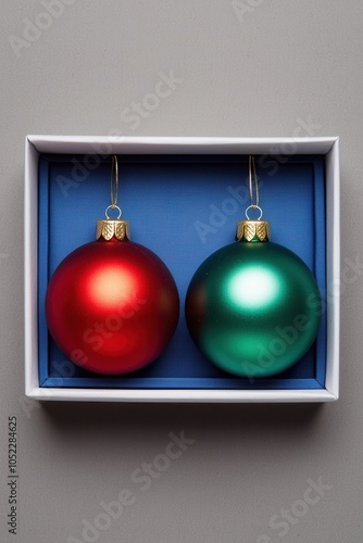 Red and green Christmas ornaments in a decorative box on a gray background. photo