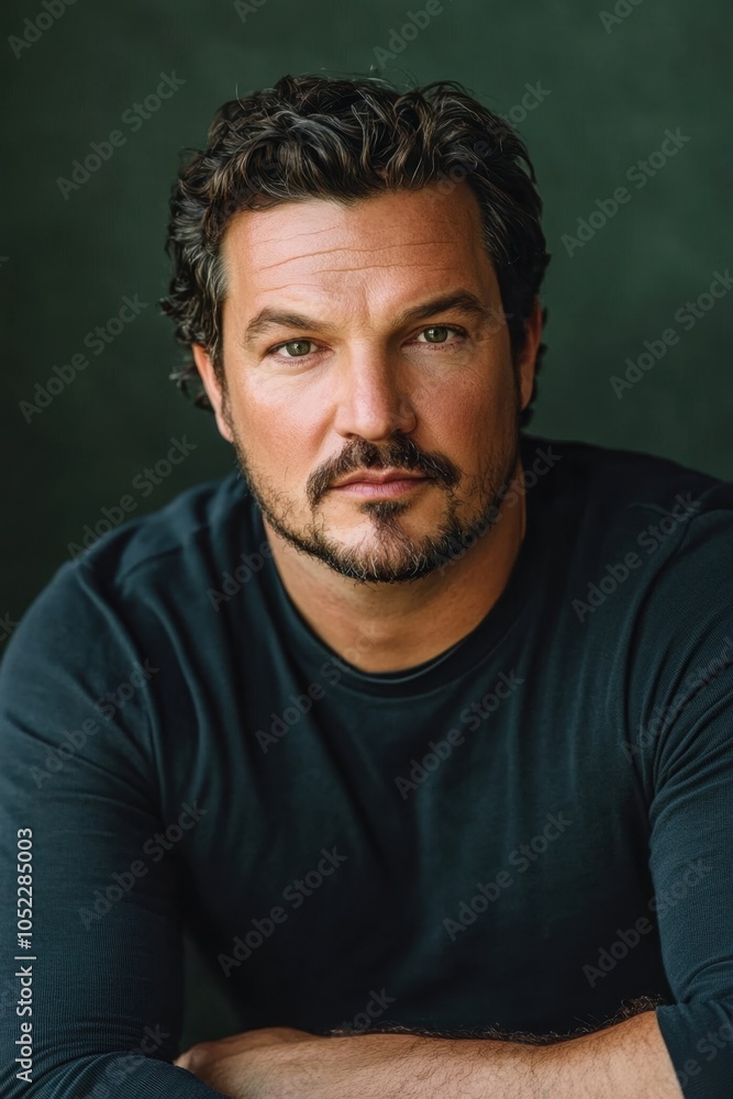 Fototapeta premium Portrait of a man with beard and dark curly hair wearing a black shirt.